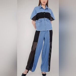 Blue and Black Mesh Patchwork Denim Set